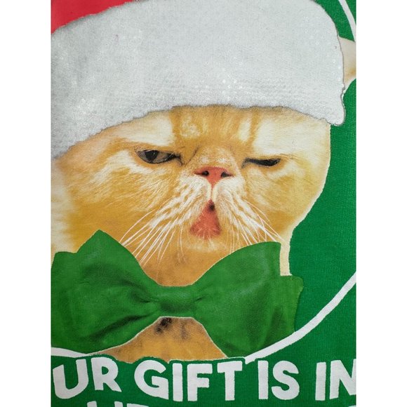 MAD Engine Ugly Christmas Holiday Cat Gift Sweatshirt Medium Green Cotton Blend - Picture 3 of 16